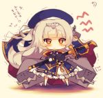 1girl :t azur_lane bangs beret blue_dress blue_hat blunt_bangs blush cannon chibi closed_mouth dress eyebrows_visible_through_hair full_body hat holding holding_sheath long_hair long_sleeves muuran orange_eyes pout puffy_long_sleeves puffy_sleeves saber_(weapon) sheath sheathed signature silver_hair solo standing sword tears translated trembling very_long_hair weapon z46_(azur_lane) 