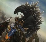  2013 battle building cityscape claws commentary dated deviantartnobackstreetboys drill epic fangs flying godzilla godzilla_(series) holding jaws jet_jaguar kaijuu mecha megalon monster realistic riding robot science_fiction signature smack smoke spikes tail thrusters 