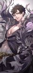  1boy belial_(granblue_fantasy) black_hair black_shirt feather_boa granblue_fantasy hand_in_pocket highres male_focus pectorals red_eyes shirt short_hair smile solo yosi135 