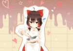  1girl apron blush bow bowl chocolate chocolate_hair commentary detached_sleeves flying_sweatdrops frustrated hair_bow hair_tubes hakurei_reimu heart large_bow looking_at_viewer mixing_bowl red_eyes reimu_mikoro skirt solo star stirring touhou valentine 
