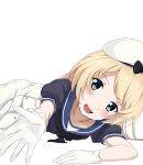  1girl blonde_hair blue_eyes blue_sailor_collar dress gloves hat highres jervis_(kantai_collection) kantai_collection kazuyagami long_hair looking_at_viewer lying on_stomach open_mouth perspective sailor_collar sailor_dress short_sleeves simple_background solo white_background white_dress white_gloves white_hat 