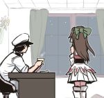  1boy 1girl admiral_(kantai_collection) black_hair bow brown_hair commentary_request from_behind hair_bow hat indoors jintsuu_(kantai_collection) kantai_collection long_hair looking_away lowres military military_uniform night peaked_cap pleated_skirt remodel_(kantai_collection) skirt terrajin thigh-highs uniform window 
