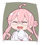  1girl ahoge closed_eyes commentary_request double_bun glasses kantai_collection long_hair lowres makigumo_(kantai_collection) masaki_itsuki open_mouth oversized_clothes pink_hair sidelocks sleeves_past_fingers sleeves_past_wrists solo tongue tongue_out upper_body 