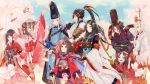  1boy 4boys 5girls :d abe_no_seimei_(onmyoji) arm_up black_gloves black_hair blue_eyes blue_sky brown_hair character_request cherry_blossoms double_bun eye_contact gloves hand_holding hat japanese_clothes kagura_(onmyoji) kariginu kimono kota_uro long_hair looking_at_another momo_(onmyoji) multiple_boys multiple_girls oni onmyoji open_mouth outdoors red_eyes sakura_(onmyoji) sky smile standing tate_eboshi white_hair wide_sleeves 