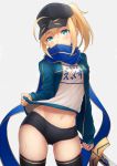  1girl ahoge artoria_pendragon_(all) baseball_cap black_buruma black_hat black_legwear blue_eyes blue_jacket blue_scarf blush clothes_writing contrapposto cowboy_shot fate/grand_order fate_(series) grey_background hat head_tilt holding holding_sword holding_weapon jacket kyoeiki lifted_by_self long_hair long_sleeves looking_at_viewer mysterious_heroine_x navel open_clothes open_jacket ponytail scarf scarf_over_mouth shirt_lift sidelocks simple_background solo standing stomach sweat sword thigh-highs translated weapon 