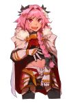  1boy :d absurdres astolfo_(fate) bangs black_bow black_gloves black_legwear black_shirt black_skirt bow braid buckle cloak commentary_request cropped_legs emblem eyebrows_visible_through_hair fang fate/apocrypha fate_(series) fur-trimmed_cloak fur_collar garter_straps gauntlets gloves gold_trim gorget hair_bow hair_intakes hair_over_shoulder hand_up highres legs_apart lifted_by_self long_hair long_sleeves looking_at_viewer male_focus miniskirt multicolored_hair navel open_mouth pink_eyes pink_hair ringed_eyes shirt shirt_lift simple_background single_braid skirt skirt_grab smile solo standing stomach streaked_hair thick_eyebrows thigh-highs trap tsurime turtleneck two-tone_hair white_background white_cloak white_hair zettai_ryouiki 