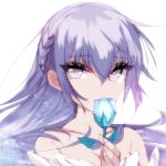 1girl absurdres bangs blue_flower braid breasts commentary ears_visible_through_hair eyebrows_visible_through_hair fingernails flower hair_between_eyes headshot highres holding holding_flower long_hair looking_at_viewer misteor original purple_hair solo violet_eyes white_background 