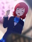  1girl :d ^_^ blazer blue_neckwear blurry blush bow bowtie closed_eyes depth_of_field dutch_angle hand_up highres icehotmilktea jacket long_sleeves love_live! love_live!_school_idol_project nishikino_maki open_mouth skirt smile solo striped_neckwear 