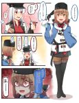  2girls 3koma :d black_gloves black_hat black_skirt brown_eyes brown_gloves brown_hair comic commentary_request empty_eyes fingerless_gloves food food_on_face gangut_(kantai_collection) gloves hair_between_eyes hair_ornament hairclip hamburger hat highres holding holding_food ido_(teketeke) jacket kantai_collection long_hair long_sleeves mcdonald&#039;s multiple_girls open_mouth peaked_cap pleated_skirt red_shirt remodel_(kantai_collection) revision scar shaded_face shirt skirt smile speech_bubble tashkent_(kantai_collection) translation_request twintails white_hair white_jacket 