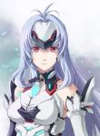  1girl android artist_request blue_hair breasts expressionless forehead_protector gloves kos-mos_re: long_hair looking_at_viewer red_eyes solo very_long_hair xenoblade xenoblade_2 xenosaga 