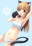  1girl :d animal_ears armpits blonde_hair blue_background blush bra breasts cat_ears cat_paws cat_tail collarbone commentary_request eyebrows_visible_through_hair fake_animal_ears gloves gluteal_fold highres long_hair looking_at_viewer navel open_mouth original panties paw_gloves paw_hair_ornament paw_pose paw_print paws shibacha_(shibacha_0728) simple_background small_breasts smile solo striped striped_bra striped_panties tail underwear underwear_only yellow_eyes 