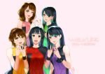  5girls black_hair blue_eyes brown_hair dress ge_xi green_dress green_eyes hand_gesture idol_group junna macross macross_delta multiple_girls nishida_nozomi orange_eyes pink_dress purple_dress red_dress red_eyes seiyuu seiyuu_connection smile suzuki_minori touyama_nao valkyrie_(vnd) violet_eyes walkure_(macross_delta) yasuno_kiyono yellow_dress 