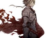  1boy absurdres armor blonde_hair cape character_name fate/strange_fake fate_(series) highres male_focus profile red_cape red_eyes redox saber_(fate/strange_fake) 