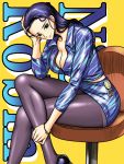  1girl blue_eyes blue_hair bracelet breasts carny chair character_name cleavage hand_on_leg hand_on_own_leg head_on_hand jewelry large_breasts legs_crossed long_hair miniskirt nico_robin one_piece sitting skirt solo thighs yellow_background 