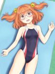  1girl bell black_swimsuit brown_eyes glasses gomi_(gomitin) hair_bell hair_ornament looking_at_viewer motoori_kosuzu open_mouth orange_hair short_hair smile solo swimsuit touhou twintails 