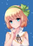  1girl bare_shoulders blonde_hair blue_eyes bow breasts chahei eyebrows_visible_through_hair green_bow highres large_breasts original short_hair 