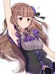  1girl arm_up armpits ascot bangs belt_buckle black_belt black_shirt blush brown_hair buckle closed_mouth commentary_request cross-laced_clothes dutch_angle eyebrows_visible_through_hair highres idolmaster idolmaster_cinderella_girls idolmaster_cinderella_girls_starlight_stage jewriel kamiya_nao long_hair purple_neckwear red_eyes shirt sleeveless sleeveless_shirt smile solo sparkle thick_eyebrows very_long_hair white_background 
