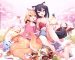  2girls :d :o animal_ears artist_name baguette bangs bare_shoulders barefoot basket black_hair blanket blonde_hair blue_ribbon blue_shorts box bread breasts butterfly cherry_blossoms collarbone cookie cup day denim denim_shorts doughnut dress feet food fork fox fox_ears fox_tail full_body grass hair_ornament hair_over_shoulder hair_ribbon hair_scrunchie head_tilt holding holding_cup holding_fork knee_up kyuri_tizu long_hair long_sleeves looking_at_viewer low_twintails monster_girl multiple_girls octopus off_shoulder one_side_up open_mouth orange_eyes original outdoors paws pink_dress plate pointy_ears polka_dot_ribbon ribbon sandwich scrunchie scylla shiny shiny_hair short_shorts shorts single_bare_shoulder small_breasts smile soles spring_onion tail tareme teacup tentacle toes tree twintails violet_eyes 