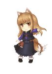  1girl absurdres animal_ears belt blue_shirt brown_hair chibi fur-trimmed_boots fur-trimmed_jacket fur-trimmed_skirt fur_trim highres holo jacket long_hair pouch red_eyes shirt simple_background smile spice_and_wolf tail wolf_ears wolf_tail youzi_(small_shabao) 