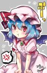  1girl 2018 :t anger_vein blue_hair commentary_request cowboy_shot dated grey_background highres kapuchii light_blush looking_at_viewer pout red_eyes remilia_scarlet solo spoken_anger_vein touhou twitter_username v-shaped_eyebrows 