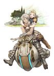  2boys 2girls balflear blonde_hair boots final_fantasy final_fantasy_xii fingerless_gloves fran gloves greaves highres hover_bike hug hug_from_behind looking_at_viewer multiple_boys multiple_girls nagimiso penelo riding smile vaan vest 