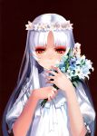  1girl absurdres albino alphonse_(white_datura) bangs bouquet dress el elysion flower head_wreath highres huge_filesize light_smile long_hair parted_bangs puffy_sleeves red_eyes scan simple_background solo sound_horizon upper_body white_dress white_hair 