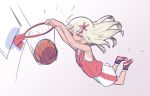  &gt;_&lt; 1girl basketball basketball_uniform blonde_hair closed_eyes commentary_request dunk flower full_body gradient gradient_background hair_flower hair_ornament kantai_collection long_hair one-piece_tan open_mouth ro-500_(kantai_collection) shoes smile sneakers solo sportswear tan tanline tonmoh white_background 