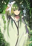  1boy 2017 androgynous arm_up bangs closed_mouth dated enkidu_(fate/strange_fake) eyebrows eyebrows_visible_through_hair facing_viewer fate/strange_fake fate_(series) green green_eyes green_hair hair_between_eyes long_hair long_sleeves looking_at_viewer male_focus medu_(rubish) plant robe smile solo straight_hair very_long_hair white_robe wide_sleeves 