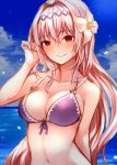  1girl bangs bare_shoulders bikini blush breasts cleavage clouds collarbone dark_jeanne empty_eyes eyebrows_visible_through_hair flower front-tie_bikini front-tie_top granblue_fantasy hair_flower hair_ornament hairband highres jeanne_d&#039;arc_(granblue_fantasy) long_hair looking_at_viewer navel night ocean outdoors pink_hair purple_bikini red_eyes sky smile solo sukemyon swimsuit upper_body 