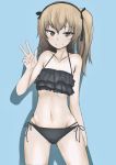  1girl arm_behind_back bangs bikini black_bikini black_ribbon blue_background brown_eyes closed_mouth cowboy_shot eyebrows_visible_through_hair frilled_bikini frills girls_und_panzer hair_ribbon light_brown_hair long_hair looking_at_viewer navel ngc20701 ribbon shadow shimada_arisu side-tie_bikini side_ponytail simple_background smile solo standing swimsuit w 