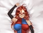  1girl android_21 armpits artist_name bare_shoulders bed_sheet black-framed_eyewear blue_eyes blush breasts brown_hair checkered checkered_dress curly_hair dakimakura detached_sleeves dragon_ball dragon_ball_fighterz dress earrings from_above glasses highres hoop_earrings jewelry labcoat large_breasts lips long_hair looking_at_viewer nail_polish pink_lips qoo_(770611) sheet_grab shiny shiny_clothes signature sleeveless sleeveless_dress solo 