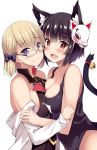  2girls :d animal_ears asymmetrical_docking azur_lane bangs bare_shoulders bell black_hair black_school_swimsuit blonde_hair blush bow breast_press breasts cat_ears commentary_request eyebrows_visible_through_hair fang glasses hair_bow jingle_bell kusano_(torisukerabasu) large_breasts long_sleeves looking_at_viewer mask mask_on_head multiple_girls name_tag off_shoulder one-piece_swimsuit open_mouth red_eyes school_swimsuit shirt short_hair sideboob simple_background smile swimsuit tail tail_bell upper_body violet_eyes white_background white_shirt yamashiro_(azur_lane) z23_(azur_lane) 