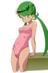  1girl arm_support cowboy_shot dark_skin flower green_eyes green_hair hair_flower hair_ornament highres leotard looking_at_viewer mallow_(pokemon) ookamiuo pink_leotard pokemon pokemon_(game) pokemon_sm simple_background solo strapless strapless_leotard table twintails white_background 