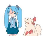  1girl :&lt; ;| aqua_neckwear arms_at_sides bangs bare_shoulders blue_eyes blue_hair blue_skirt closed_mouth cowboy_shot crossover detached_sleeves gen_3_pokemon grey_shirt hair_ornament hatsune_miku koukou_(climacool) long_hair looking_at_another looking_away looking_to_the_side lowres necktie no_nose one_eye_closed pokemon pokemon_(creature) shaded_face shirt simple_background skirt sleeves_past_wrists swept_bangs twintails vocaloid white_background zangoose 