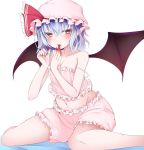  1girl bangs bare_arms bare_legs bare_shoulders bat_wings bed_sheet black_wings bloomers blue_hair blush breasts buta_(uhoiiotoko) camisole cleavage collarbone commentary_request eyebrows_visible_through_hair finger_licking finger_to_mouth fingernails fingers frilled_ribbon frills groin hair_between_eyes half-closed_eyes hands_up hat hat_ribbon highres licking long_fingernails mob_cap nail_polish navel pointy_ears red_eyes red_nails red_ribbon remilia_scarlet ribbon short_hair simple_background sitting small_breasts solo spaghetti_strap spread_wings stomach strap_slip tongue tongue_out touhou underwear wariza white_background wings 