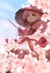  &gt;:o 1girl biyon blue_sky blurry bowl cherry_blossoms commentary_request floral_print green_eyes highres japanese_clothes kimono long_sleeves needle open_mouth petals short_hair sky solo sukuna_shinmyoumaru touhou 