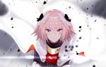  1boy absurdres astolfo_(fate) bangs black_bow black_shirt blurry blush bow buckle cloak closed_mouth commentary debris depth_of_field elbow_gloves emblem fate/apocrypha fate_(series) from_above fur-trimmed_cloak fur_collar gloves gorget hair_bow hair_intakes highres lips long_hair long_sleeves looking_at_viewer looking_up male_focus multicolored_hair pink_hair shiny shiny_hair shirt smile solo streaked_hair trap tsurime turtleneck two-tone_hair upper_body violet_eyes white_cloak white_gloves white_hair 