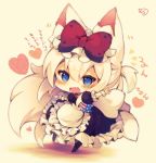  1girl :d absurdly_long_hair american_flag american_flag_print animal_ears apron azur_lane bangs black_dress blush bow cat_ears chibi dress eyebrows_visible_through_hair fang flag_print frilled_apron frilled_dress frills hair_between_eyes hair_bow hammann_(azur_lane) heart long_hair muuran one_side_up open_mouth outstretched_arm print_neckwear puffy_short_sleeves puffy_sleeves red_bow short_sleeves signature smile solo standing standing_on_one_leg translated very_long_hair waist_apron white_apron white_hair wrist_cuffs 