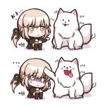  1girl 2koma :3 artoria_pendragon_(all) black_legwear black_ribbon blonde_hair blush chibi comic dog fate/grand_order fate/stay_night fate_(series) hair_ribbon kneehighs long_sleeves low_ponytail lowres no_nose open_mouth rabbit_hole ribbon saber_alter shaded_face sitting sweat tongue tongue_out white_background yellow_eyes 