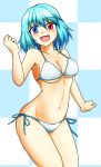  1girl :d bare_arms bare_shoulders bikini blue_bikini blue_hair blush breasts checkered checkered_background commentary_request contrapposto cowboy_shot d-m_(dii_emu) eyebrows eyebrows_visible_through_hair groin hand_up heterochromia highres large_breasts looking_at_viewer midriff navel open_mouth short_hair side-tie_bikini smile solo standing swimsuit tatara_kogasa touhou 