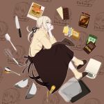  1girl amase_(yagami666) artoria_pendragon_(all) black_apron chocolate fate/grand_order fate_(series) food full_body hair_ribbon hamburger housewife pale_skin ponytail ribbon saber_alter slippers solo sweater turtleneck turtleneck_sweater yellow_eyes 
