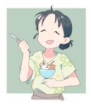  1girl ^_^ ahoge bangs black_hair cherry chocolate_syrup closed_eyes food fruit green_background hair_bun hands_up holding holding_spoon ice_cream kono_sekai_no_katasumi_ni koukou_(climacool) mole mole_under_mouth open_mouth outside_border parted_bangs pocky short_sleeves simple_background smile solo spoon upper_body urano_suzu wafer white_border |d 