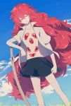  androgynous blue_sky clouds elbow_gloves gem gloves highres houseki_no_kuni leaning_on_object long_hair looking_at_viewer open_clothes open_shirt padparadscha_(houseki_no_kuni) red_eyes redhead shorts sky solo sword thigh-highs very_long_hair wavy_hair weapon 