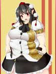  1girl belt big_belly black_hair blush breasts collared_shirt d: fat fat_folds hat highres large_breasts looking_at_viewer medium_hair nerizou obese open_mouth pointy_ears pom_pom_(clothes) red_eyes sagging_breasts shameimaru_aya shirt skirt solo sweat tokin_hat touhou undersized_clothes 