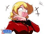  1girl :d artist_name blonde_hair blue_eyes braid choroli_(chorolin) commentary covering_mouth cup darjeeling epaulettes eyebrows_visible_through_hair girls_und_panzer holding jacket laughing long_sleeves military military_uniform open_mouth red_jacket short_hair signature simple_background smile solo st._gloriana&#039;s_military_uniform teacup tied_hair twin_braids uniform upper_body v-shaped_eyebrows white_background 