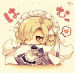  1girl apron azur_lane black_dress blonde_hair blush braid chibi dress fish food_in_mouth frilled_apron frilled_dress frills full_body hair_over_one_eye heart looking_at_viewer maid maid_headdress mouth_hold muuran orange_eyes puffy_short_sleeves puffy_sleeves sheffield_(azur_lane) short_sleeves signature solo spoken_heart waist_apron white_apron wrist_cuffs x_x 