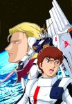  2boys amuro_ray anniversary beam_saber blonde_hair blue_eyes brown_hair char&#039;s_counterattack char_aznable char_aznable_(cosplay) cosplay earth emblem energy_sword fin_funnels funnels green_eyes gundam insignia logo looking_at_another looking_at_viewer looking_away mecha multiple_boys nu_gundam official_art open_mouth pilot_suit shield short_hair standing sword tokita_kouichi weapon 