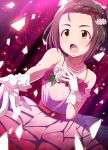  1girl bare_shoulders braid brown_hair commentary_request dress flower gloves hair_flower hair_ornament hand_on_own_chest idolmaster idolmaster_cinderella_girls jewelry natsumi_akira necklace open_mouth outstretched_arm pearl_necklace short_hair solo sparkle white_gloves yanase_miyuki yellow_eyes 