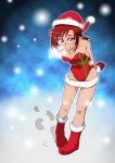  1girl breasts christmas cleavage commentary_request graphite_(medium) groin hino_akane_(smile_precure!) leotard looking_at_viewer medium_hair millipen_(medium) onnaski precure santa_costume small_breasts smile smile_precure! solo traditional_media 