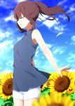  1girl :d aa_(sin2324) bangs bare_arms bare_shoulders blue_shirt blue_sky brown_hair closed_eyes clouds cloudy_sky commentary_request day eyebrows_visible_through_hair fingernails flower hakama-chan_(aa) high_ponytail highres long_hair open_mouth original outdoors outstretched_arm ponytail profile shirt short_shorts shorts sky sleeveless sleeveless_shirt smile solo sunflower upper_teeth white_shorts yellow_flower 